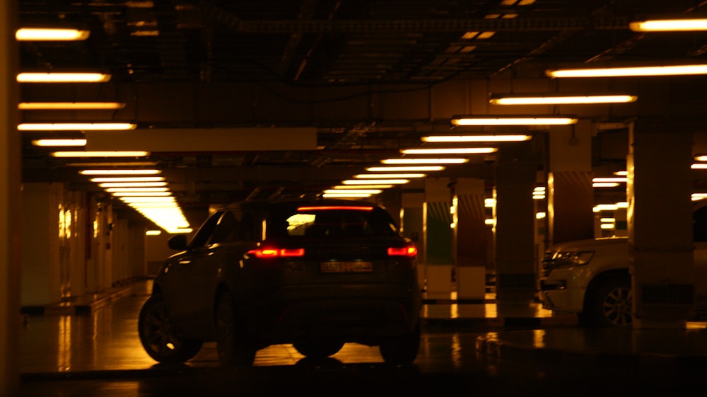 a car is parked in a parking garage