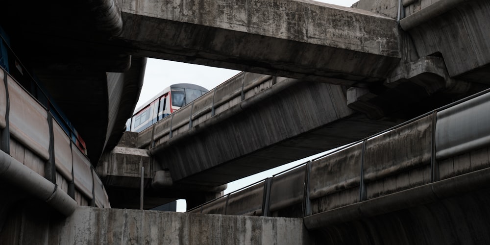 a train traveling over a bridge with a sky background