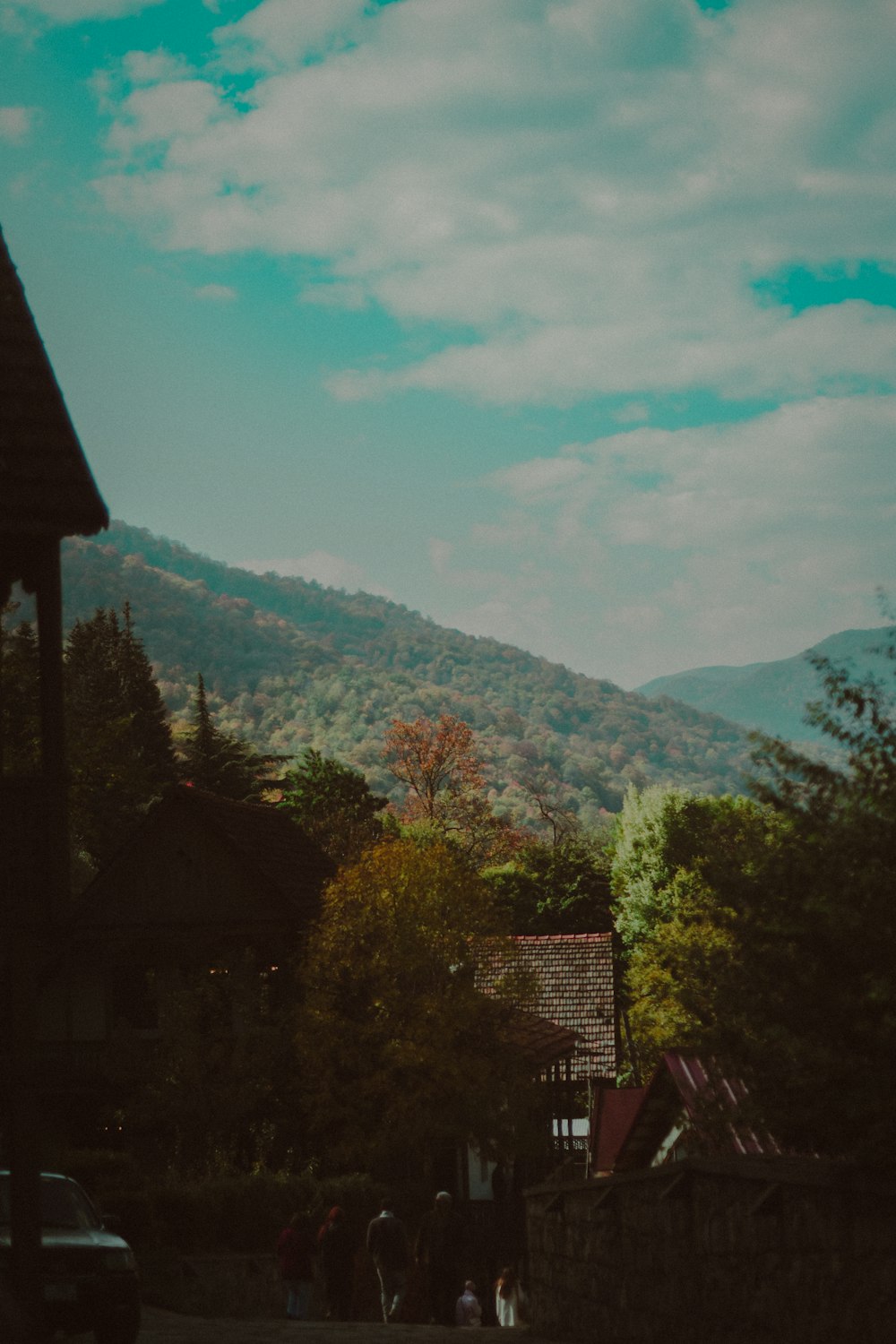 a group of people walking down a street next to a lush green hillside