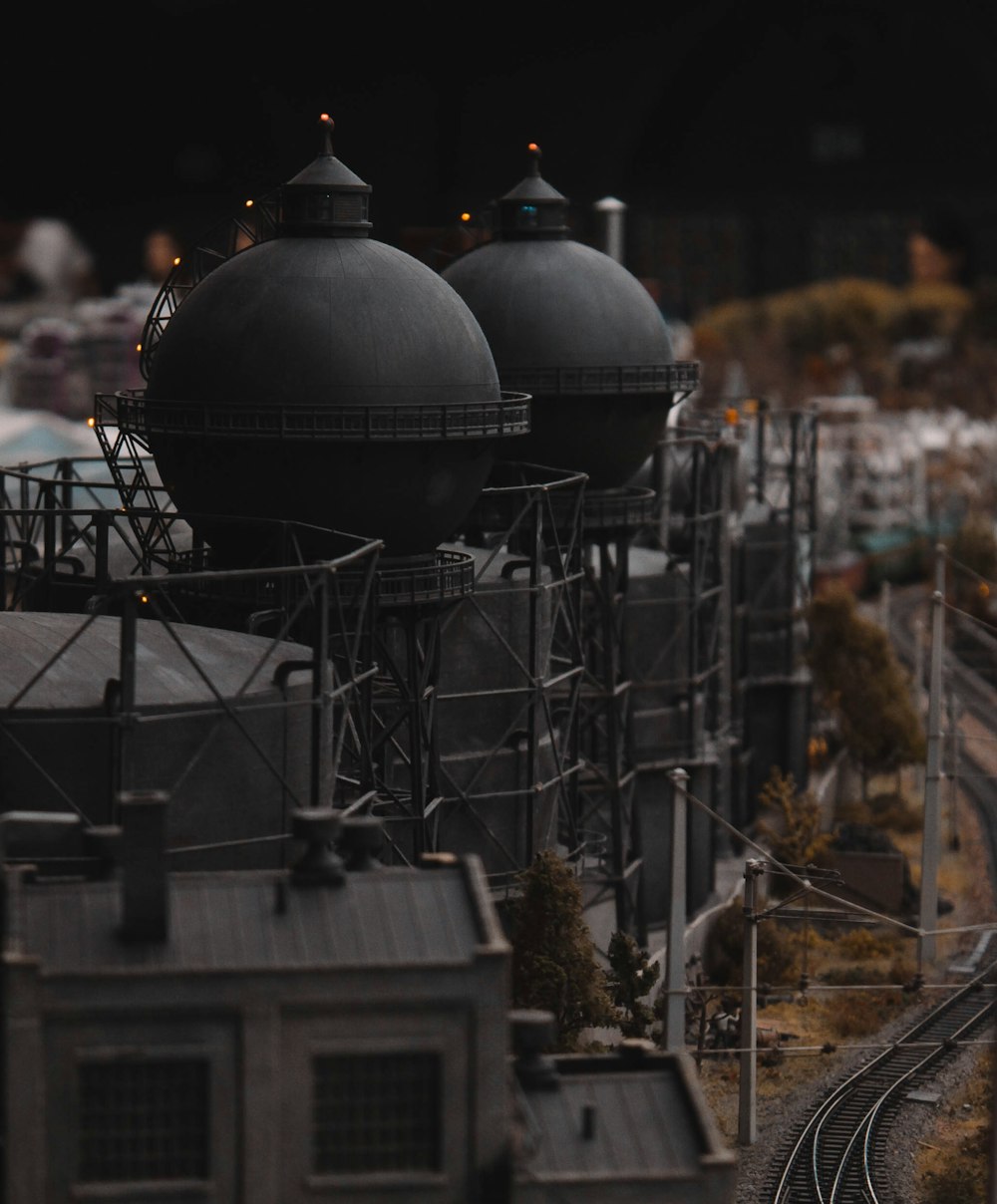 a model of a train track with two water towers