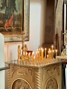 An altar adorned with candles and spiritual symbols.