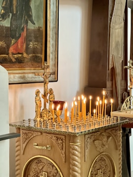 An altar adorned with candles and spiritual symbols.