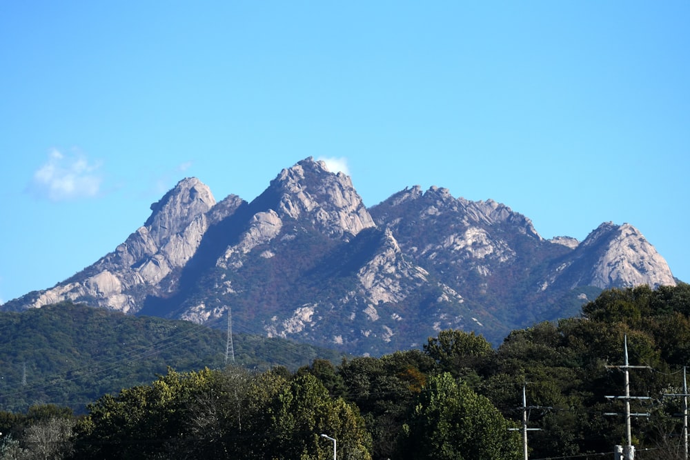 a mountain range with telephone poles in the foreground