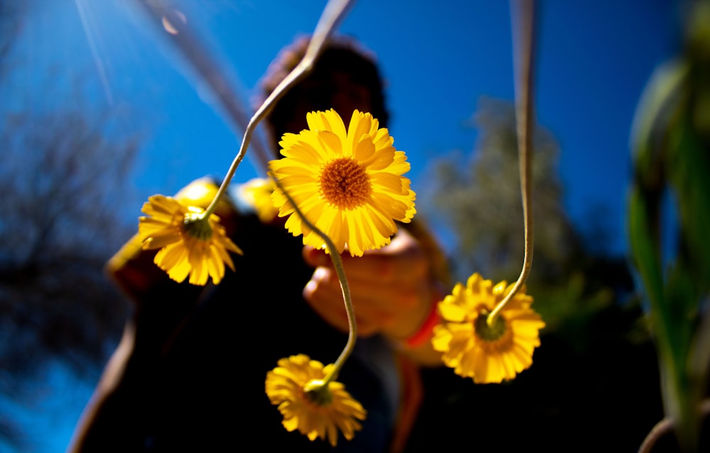 a woman holding a bunch of yellow flowers