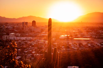 A warm sunset over Tucson with a modern home silhouette in the foreground.