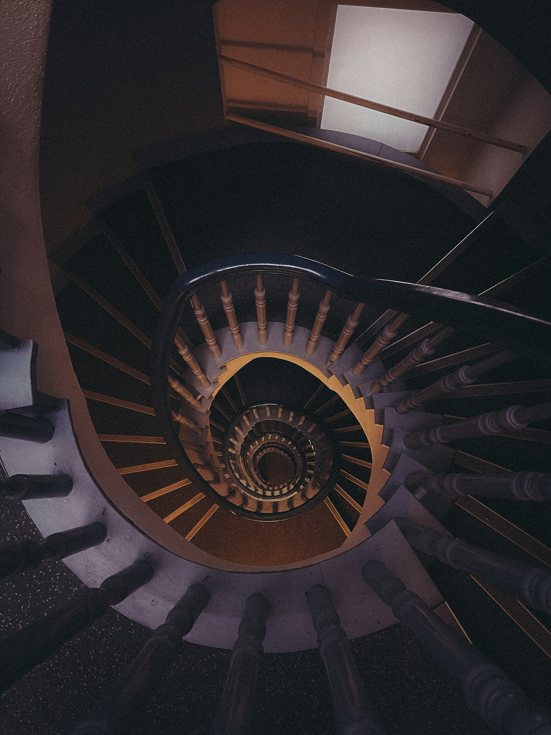 a spiral staircase in a building with a skylight
