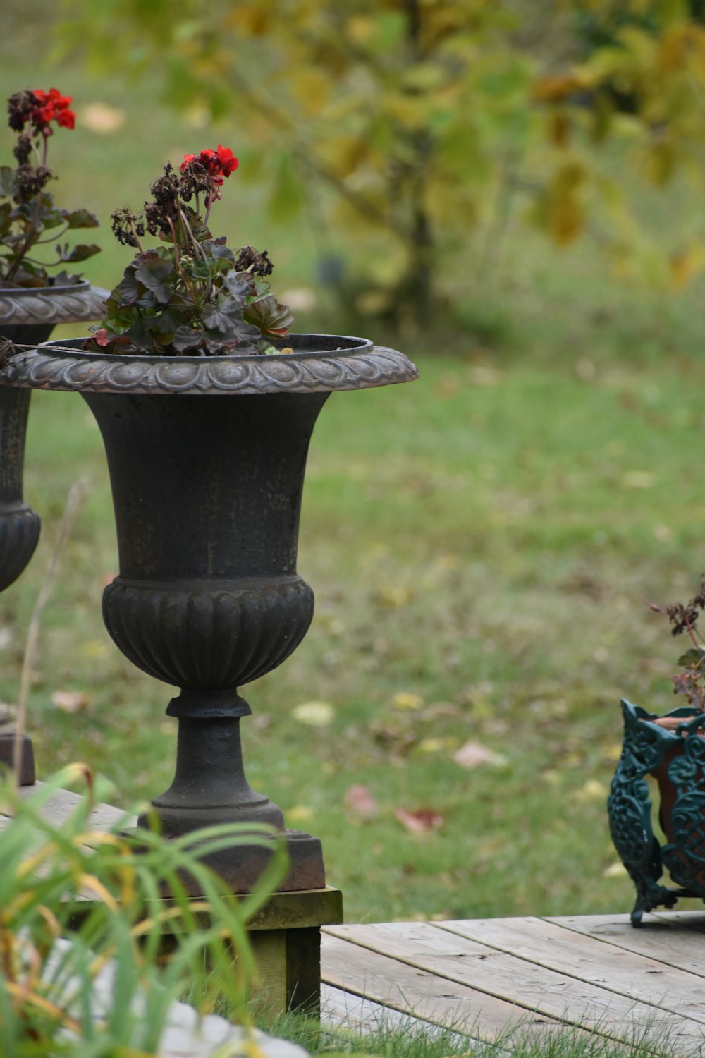 a couple of vases sitting on top of a wooden deck