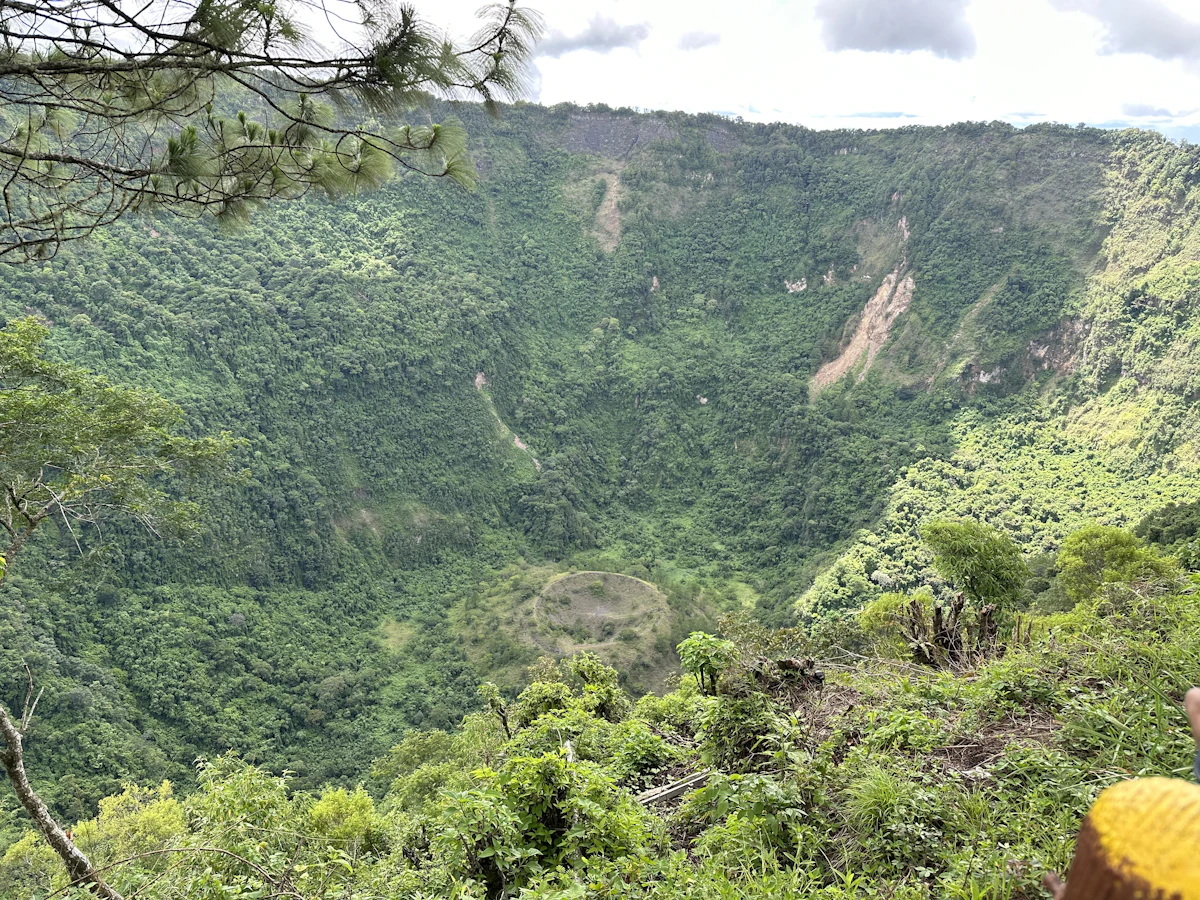 A hiker looking over a green valley