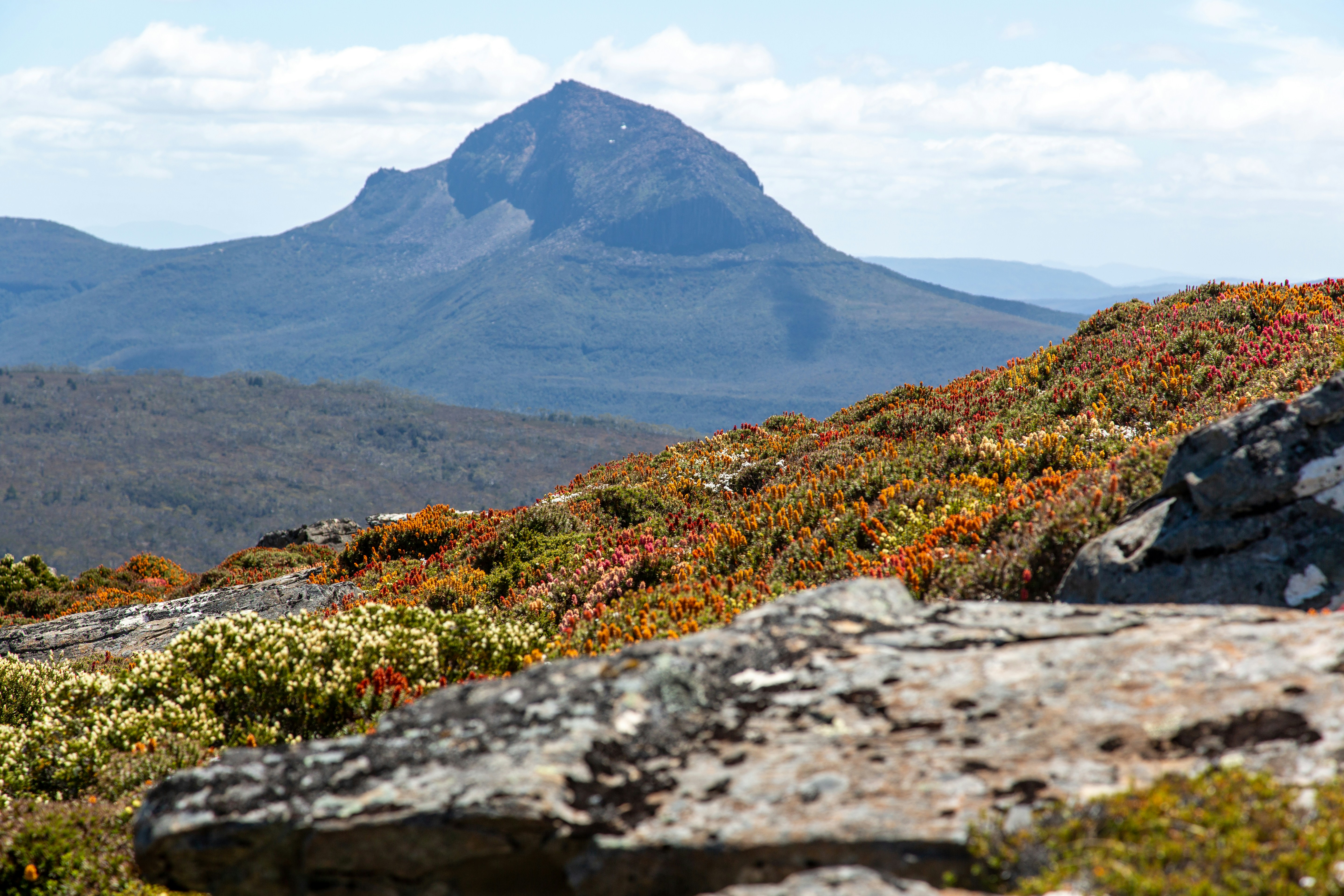 a view of a mountain range from a rocky outcrop