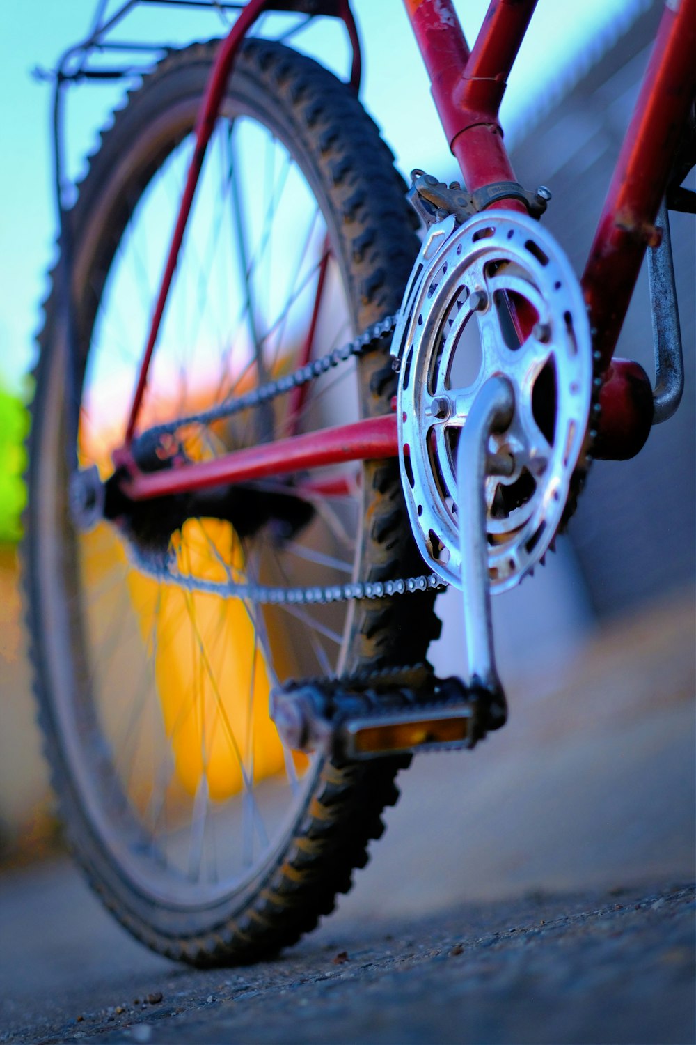 a close up of a bike tire and spokes