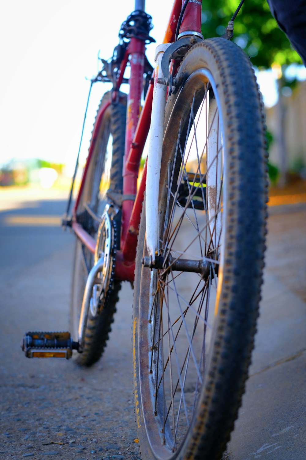 a close up of two bicycles parked on a street