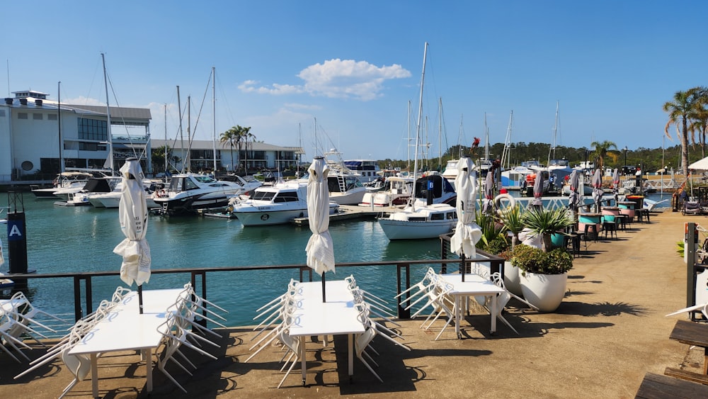 a marina filled with lots of white tables and chairs