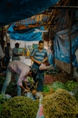A bustling market scene with vendors and customers surrounded by piles of fresh vegetables. The area is covered by a blue tarp, creating a cozy atmosphere. Various vegetables are displayed in front of the vendors, including green beans, peas, and limes. Activity is evident as people are engaged in selecting and bagging produce.