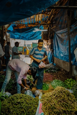 A bustling market scene with vendors and customers surrounded by piles of fresh vegetables. The area is covered by a blue tarp, creating a cozy atmosphere. Various vegetables are displayed in front of the vendors, including green beans, peas, and limes. Activity is evident as people are engaged in selecting and bagging produce.