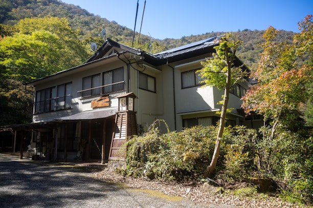Exterior view of a traditional wooden house blending with seasonal greenery.