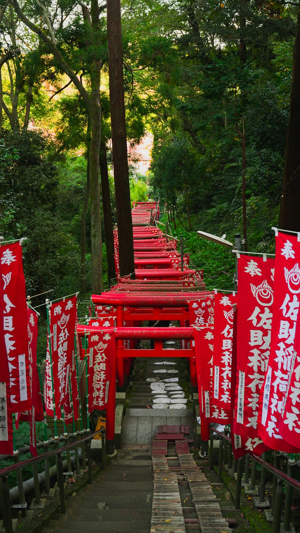 a long row of red lanterns with asian writing on them