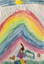 Playful drawing of a light blue sky filled with stars and children holding hands around an open Bible.