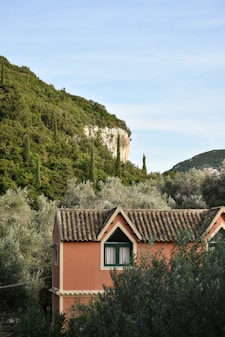 a house with a mountain in the background