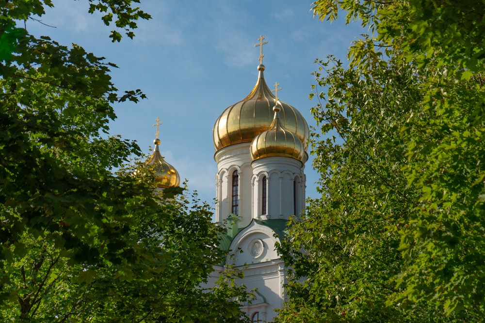a white and gold church with a golden dome