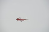 A sleek, red and white jet aircraft is flying through a clear sky. The design includes distinctive markings and streamlined features that suggest speed and agility.