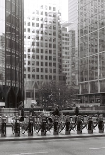 A picture of a bicycle-sharing station in a busy urban area of Cairo.