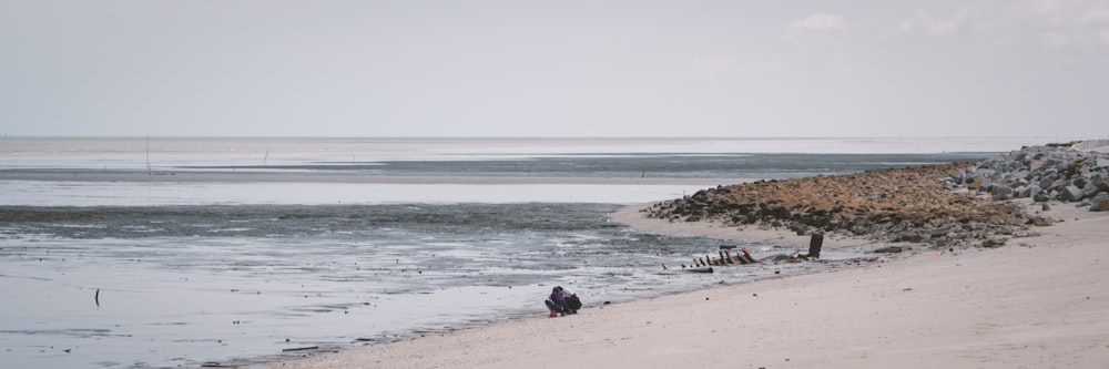 a couple of people standing on top of a sandy beach