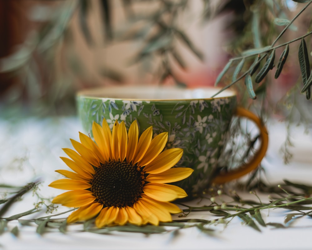 a sunflower sitting on a table next to a coffee cup