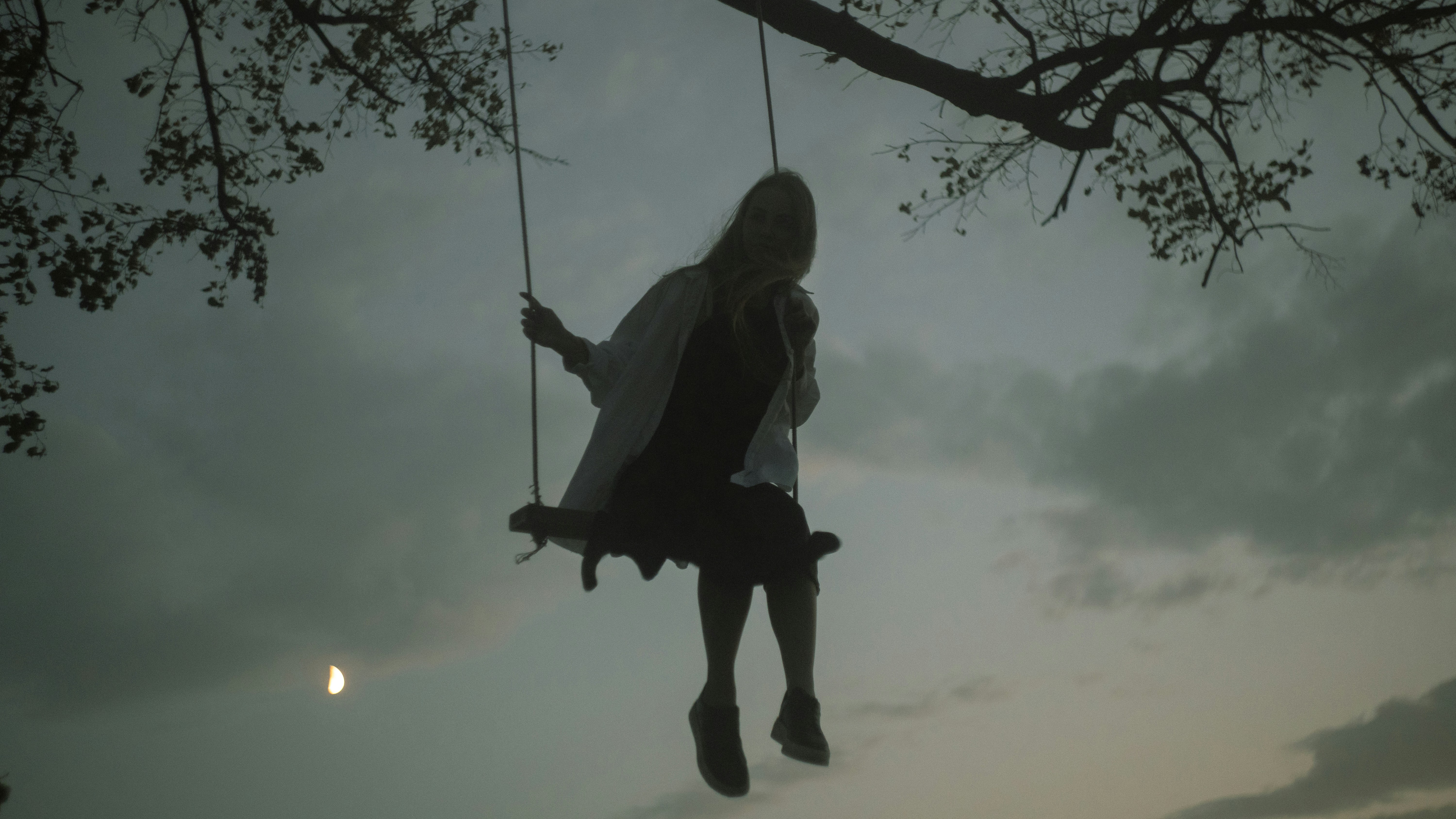 a woman sitting on a swing in a tree