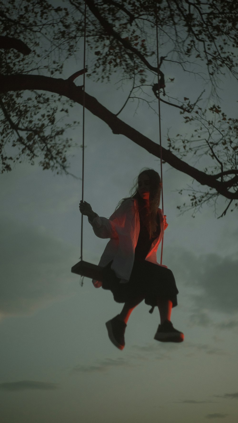 a woman sitting on a swing in a tree