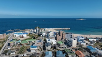 A coastal town with a mix of low-rise residential and commercial buildings, featuring a small beach area and a pier extending into the ocean. The landscape includes a mix of green areas and paved roads, with a vast blue sea and clear sky meeting at the horizon.