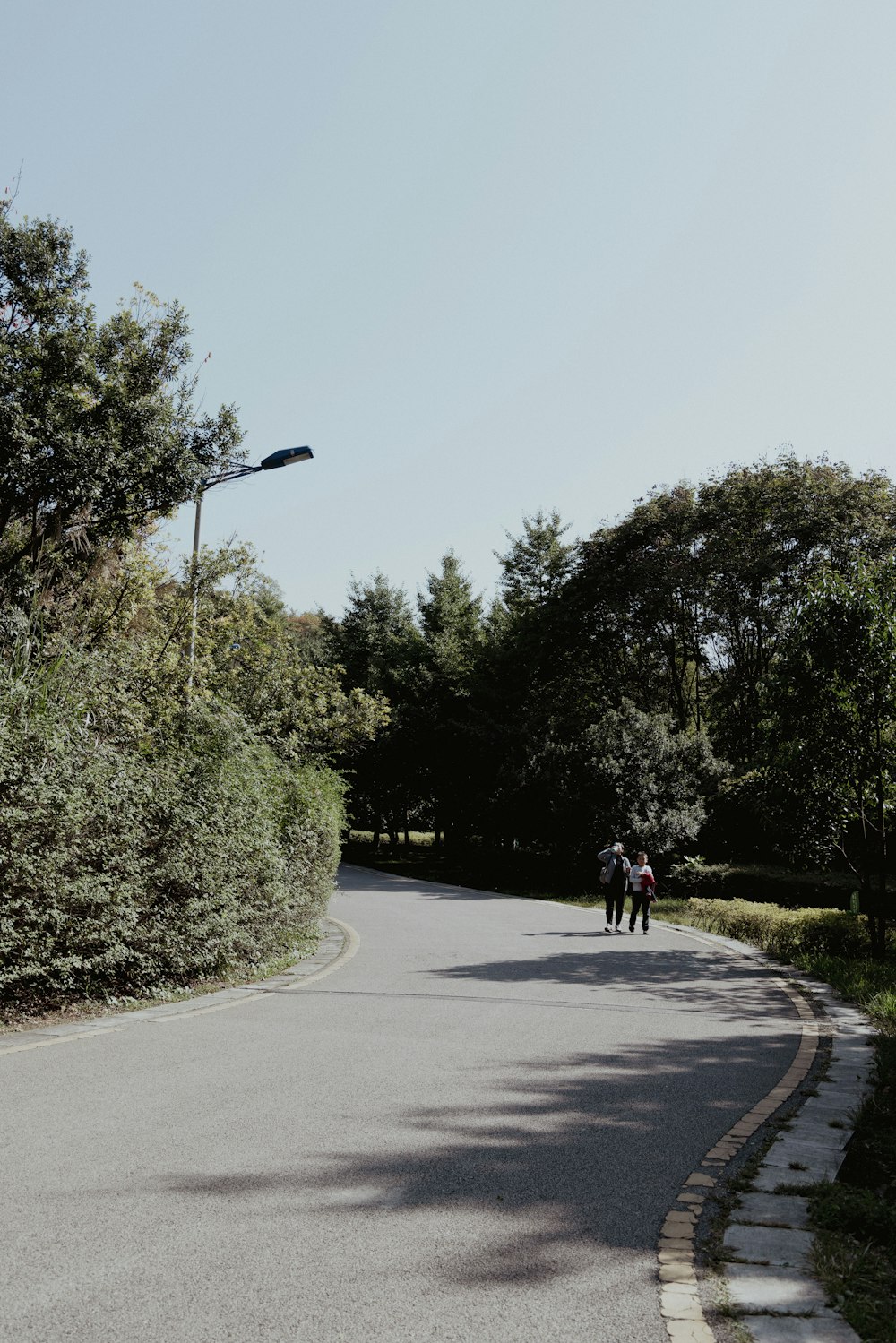 a couple of people riding down the middle of a road