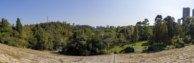 A panoramic view of a park with lush green trees and grass, framed by a distant skyline featuring various tall buildings. The foreground includes a sloping rocky surface, leading down to the park. The sky is clear and blue, suggesting a sunny day.