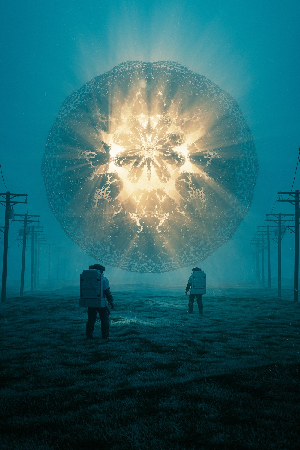 a couple of men standing in front of a giant object