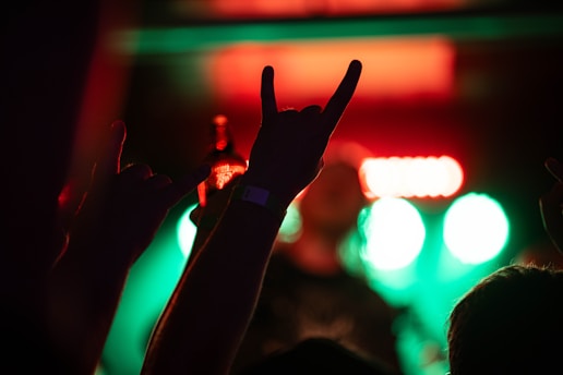 Silhouetted hands are raised in a concert setting with vibrant red and green stage lights in the background. One hand is in the rock and roll gesture, and a bottle is slightly visible, indicating a lively atmosphere.