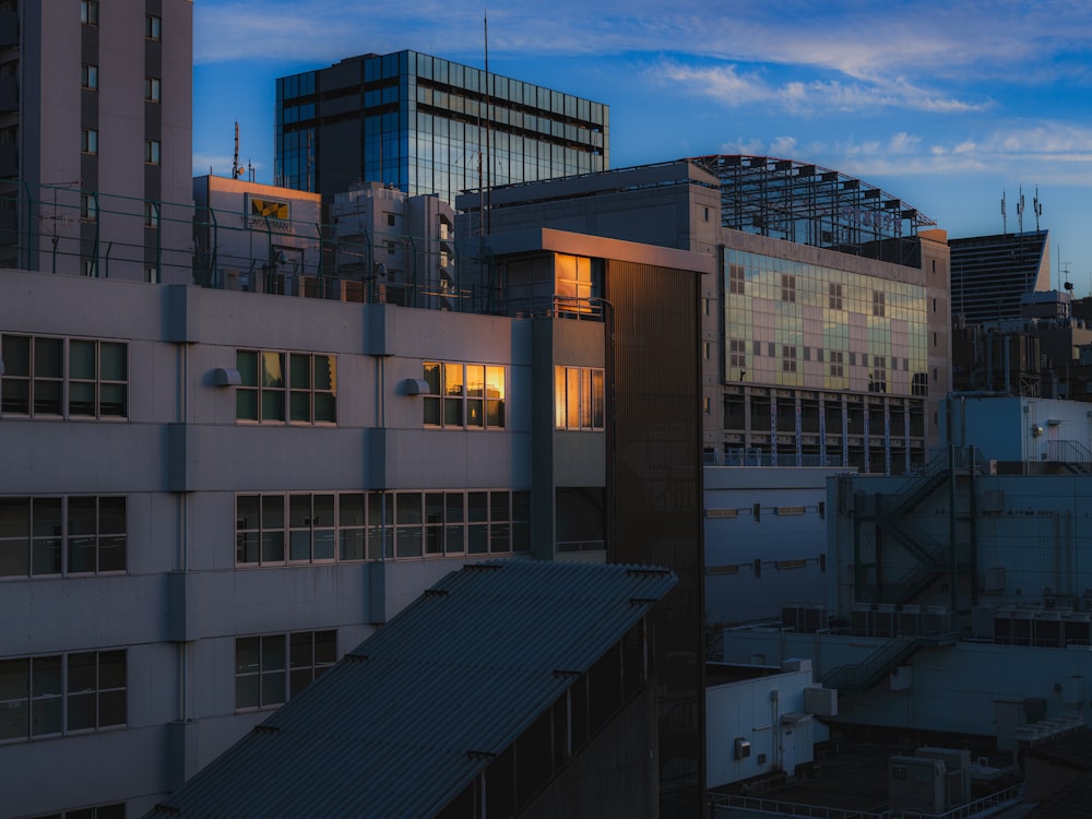 a view of a city skyline at dusk