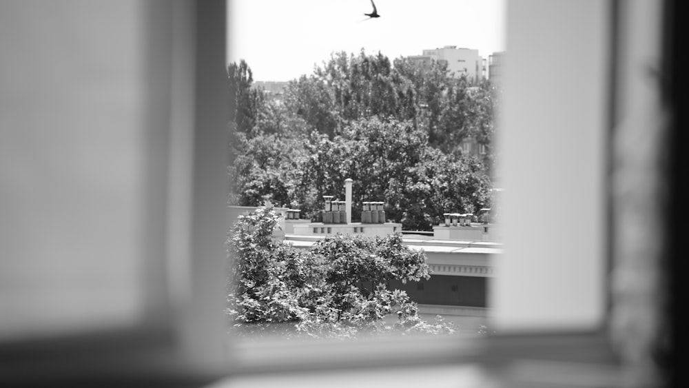 a view of a building through a window