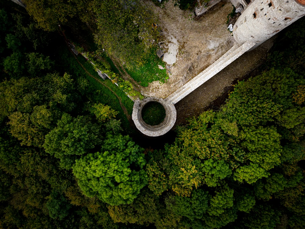 an aerial view of a building surrounded by trees