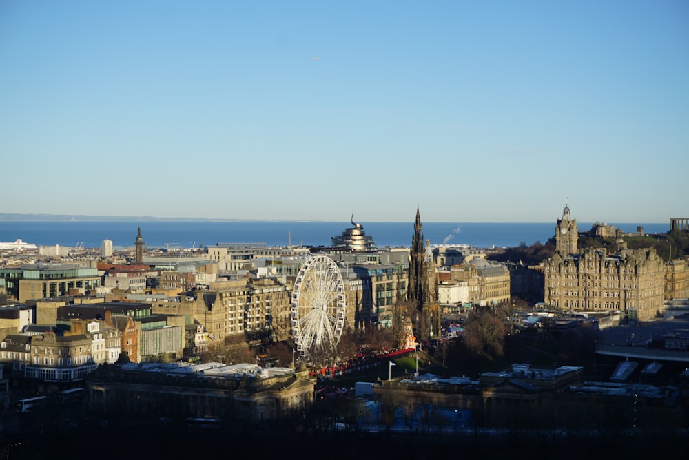 a view of a city with a ferris wheel in the foreground