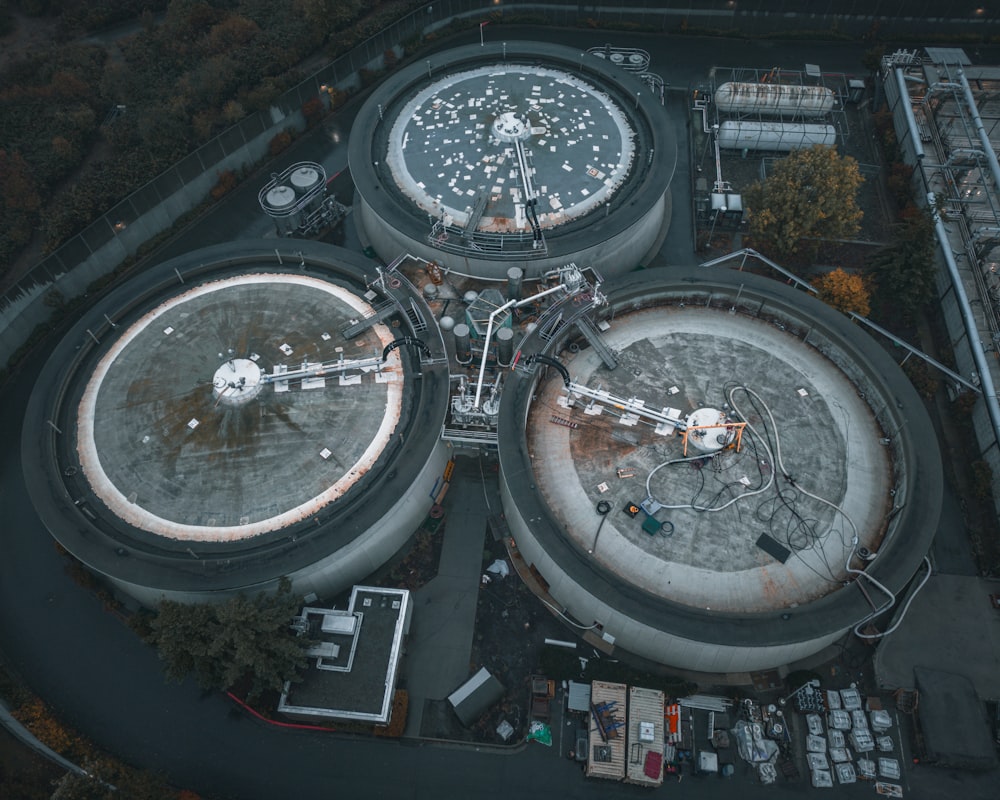 an aerial view of a large building with a clock on it