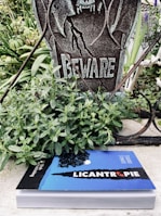 A weathered sign with the word 'BEWARE' and a menacing figure is set among green plants. Below the sign, there is a book titled 'LICANTROPIE' which features a blue cover with a silhouette of a werewolf and a full moon against a starry night sky.