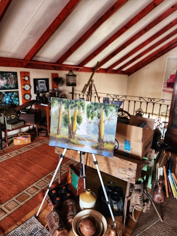 A cozy attic filled with vintage items and unique collectibles.