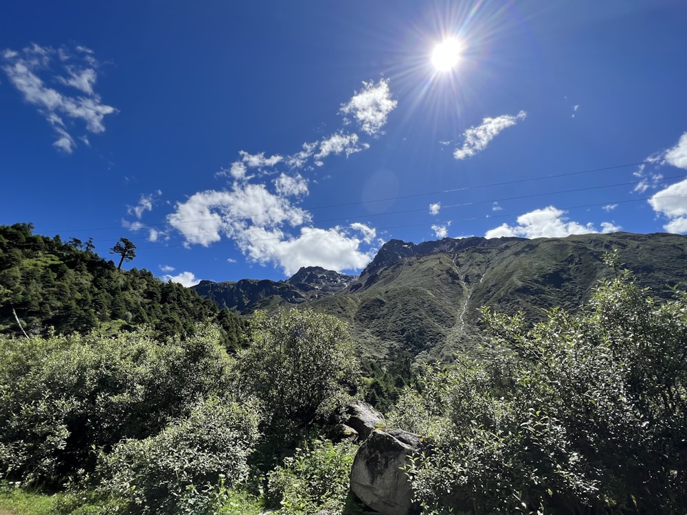 the sun is shining over the mountains and trees