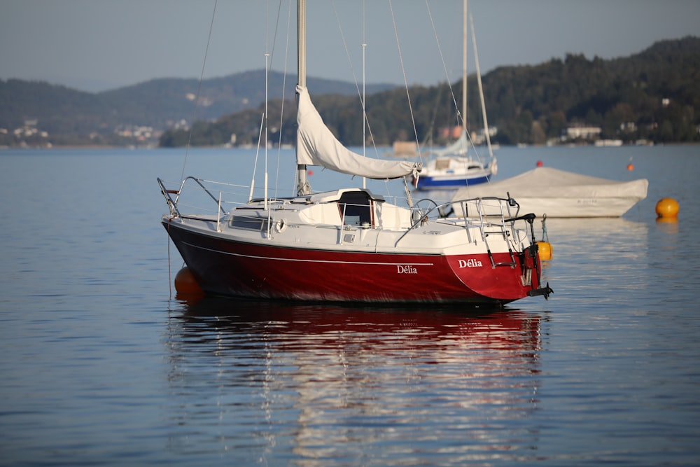 a red and white boat floating on top of a body of water