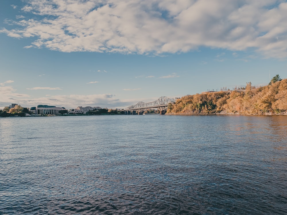 a body of water with a bridge in the background