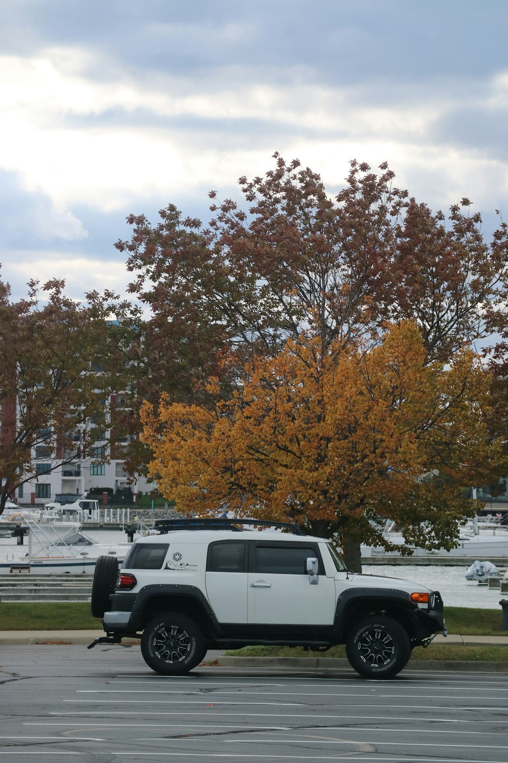 a white truck parked in a parking lot next to a tree