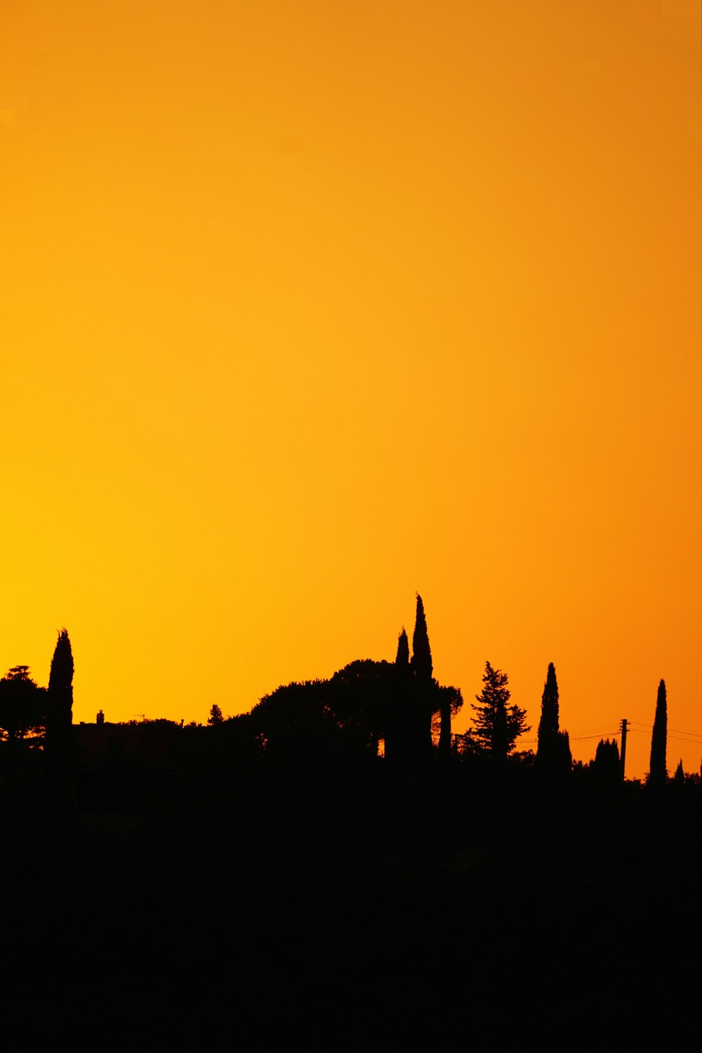 a silhouette of a city with a clock tower in the distance