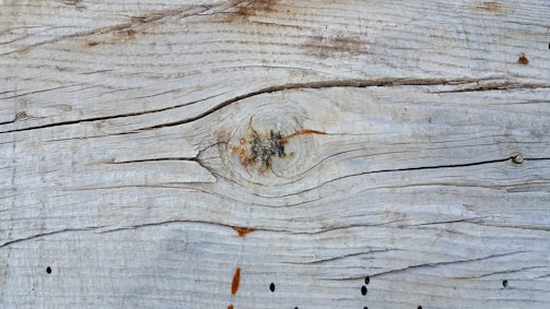 Weathered wooden surface with visible grain patterns and a prominent knot in the center. The wood appears aged, with natural cracks and some reddish-brown discolorations.