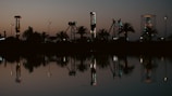 An amusement park is silhouetted against a darkening sky at dusk, with various rides and palm trees reflecting in a calm body of water. The rides are subtly illuminated with colorful lights, adding a contrast to the twilight tones.