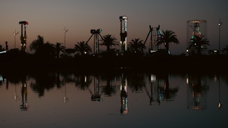 An amusement park is silhouetted against a darkening sky at dusk, with various rides and palm trees reflecting in a calm body of water. The rides are subtly illuminated with colorful lights, adding a contrast to the twilight tones.
