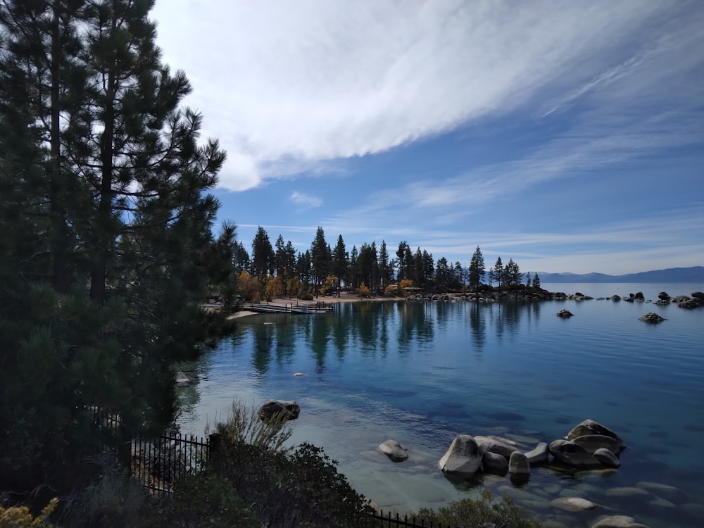 a body of water surrounded by trees and rocks